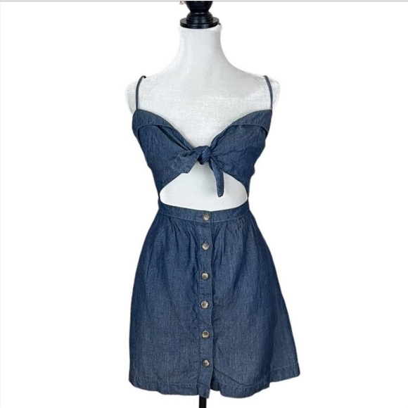 Reformation Miramar Linen Blend Chambray Tie Front Mini Dress Size 4 - Picture 3 of 10